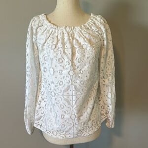 Sz XS White House Black Market floral long sleeve white eyelet blouse